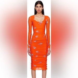 Ganni orange ruched midi dress